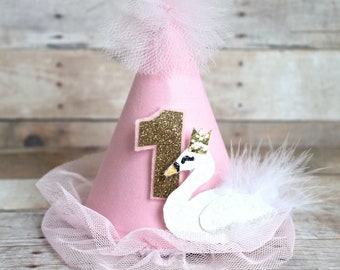 Pink Swan Ballerina Princess MINI Birthday Party Hat Headband w/ Gold Glitter Number and Ruffle Trim First Birthday Cake Smash Dog Cat