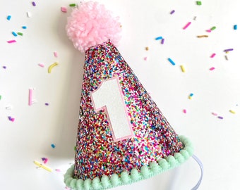 Mini sombrero de fiesta de cumpleaños personalizable con confeti y purpurina: Cake Smash
