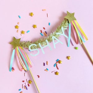 CUSTOM Gold Glitter Rainbow Shooting Star Cake Topper Banner Garland with Number or Name - Cake Smash First Birthday Photo Shoot Personalize