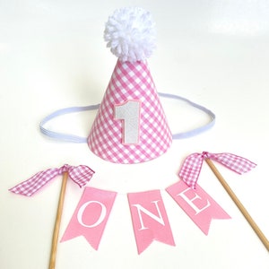 Pink Gingham First Birthday Cake Smash: Mini Party Hat OR Cake Topper Set