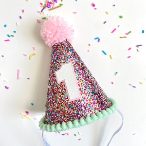 CUSTOMIZABLE Multicolor Confetti Sprinkle Glitter Mini Birthday Cake Smash Party Hat / Headband w/ Mint Trim & White Number Dog Cat Pet Hat