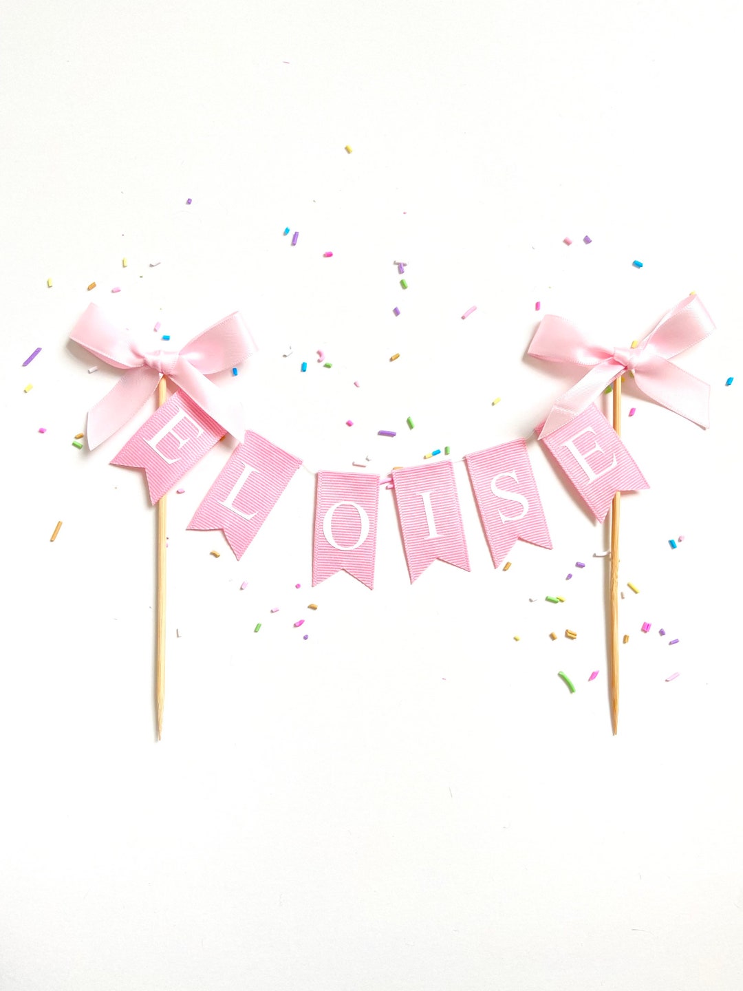 Custom Personalized Name Baby Pink Cake Bunting Flag Topper W/ Bows