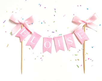 Custom Personalized Name Baby Pink Cake Bunting Flag Topper w/ Bows - Birthday Cake Smash Princess Tea Girly Pink White Purple Blue