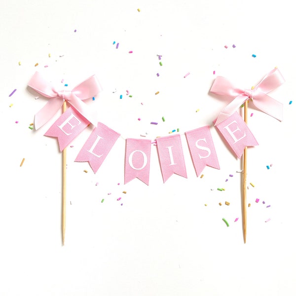 Custom Personalized Name Baby Pink Cake Bunting Flag Topper w/ Bows - Birthday Cake Smash Princess Tea Girly Pink White Purple Blue