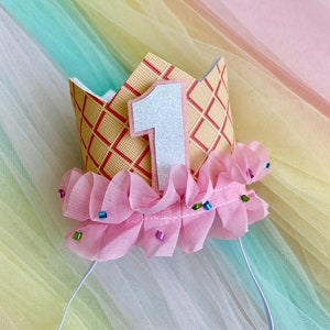 Ice Cream Birthday Mini Crown: Pink Ruffle, Waffle Cone, Sprinkles Cake Smash Prop
