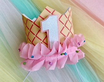 Ice Cream Birthday Party MINI Crown Headband - Pink White Add Sprinkles Waffle Cone Ice Cream Social Photo Prop