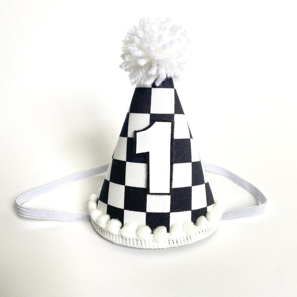 Fast One Black White Checker Checkerboard 70s 80s Retro Racing MINI Birthday Party Hat Headband Cake Smash First Birthday Dog Cat Pet Child