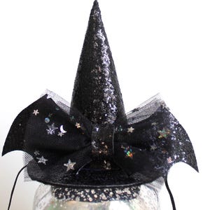 Black Sparkle Glitter MINI Halloween Witch Hat Headband w Detachable Vampire Vampirina Bat Bow Hair Clip - Costume Adult Baby Child Dog Pet