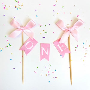 Baby Pink Cake Bunting Flag Topper w/ Bows or MINI Birthday Party Hat Headband - Cake Smash Princess Tea Girly Pink White