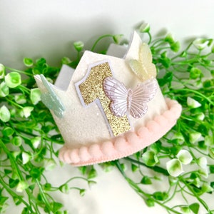 White Glitter Pastel Butterfly Birthday Party MINI Crown Headband - Cake Smash First Birthday Boho Princess Magical Fairytale Tea Party