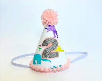 Dinosaur MINI Birthday Party Hat Headband - Girls Colorful Bright Rainbow Cake Smash Rawr