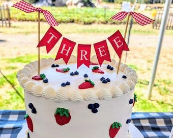 Red Gingham Cake Topper Banner: First Birthday Cake Smash Party Decor