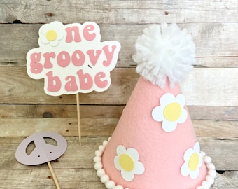 One Groovy Babe Peace Sign Cake Topper OR Pink & White Daisy Flower MINI Birthday Cake Smash Party Hat Headband Child Pet Retro 60s 70s