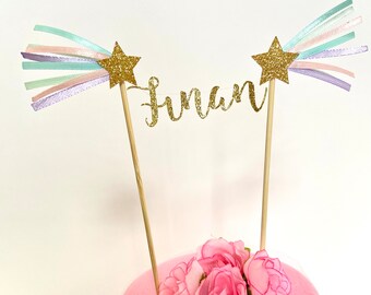 Personalized Glitter Name Cake Topper: Shooting Stars, Pastel Ribbons