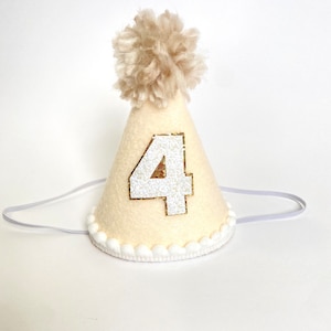 Customizable Ivory Linen Mini Birthday Party Hat with Pom Pom