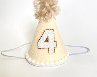 CUSTOMIZABLE Boho Twin Boy / Girl Ivory Linen MINI Birthday Cake Smash Party Hat Headband w/ White Number & Pom Pom Child Dog Cat Pet