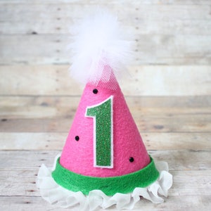 One in a Melon Tutti Frutti Watermelon MINI Birthday Party Cake Smash Hat Pink Hat w/ White Ruffles Hat Hair Bow Clip OR Headband