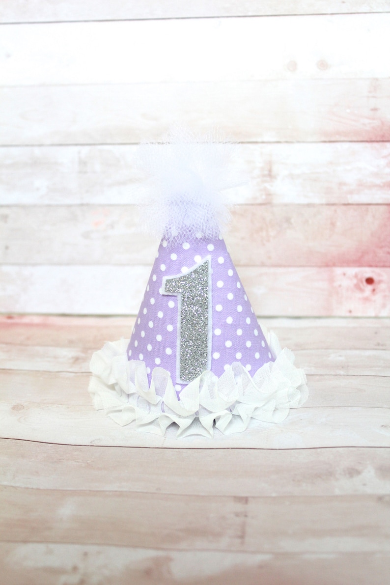 Baby Child Adult Dog Light Purple Lavender /& White Polka Dot MINI Birthday Cake Smash Party Hat w Silver or Gold Glitter # OR Hair Bow