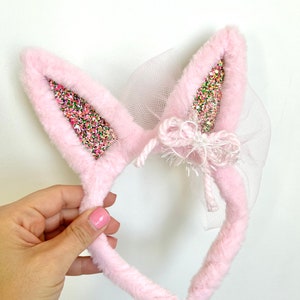 Pink Furry Fur Easter Bunny Ears Headband with Confetti Glitter and Bow Whimsical Retro Boho Vintage Disco