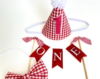 Red Gingham First Birthday Set: Party Hat, Bowtie, Cake Topper