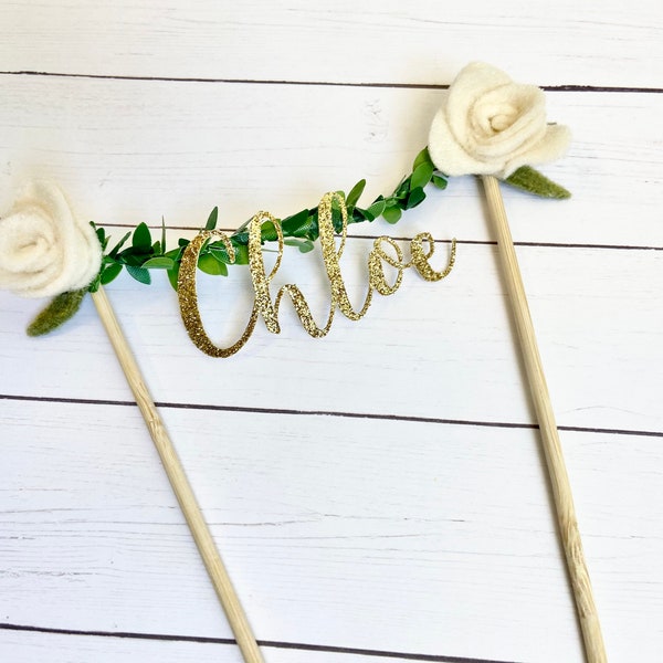 Boho Cream White Flowers w Greenery Cake Topper - Vine Florals First Birthday Cake Smash Spring Summer Bohemian Rustic Bridal Baby Shower