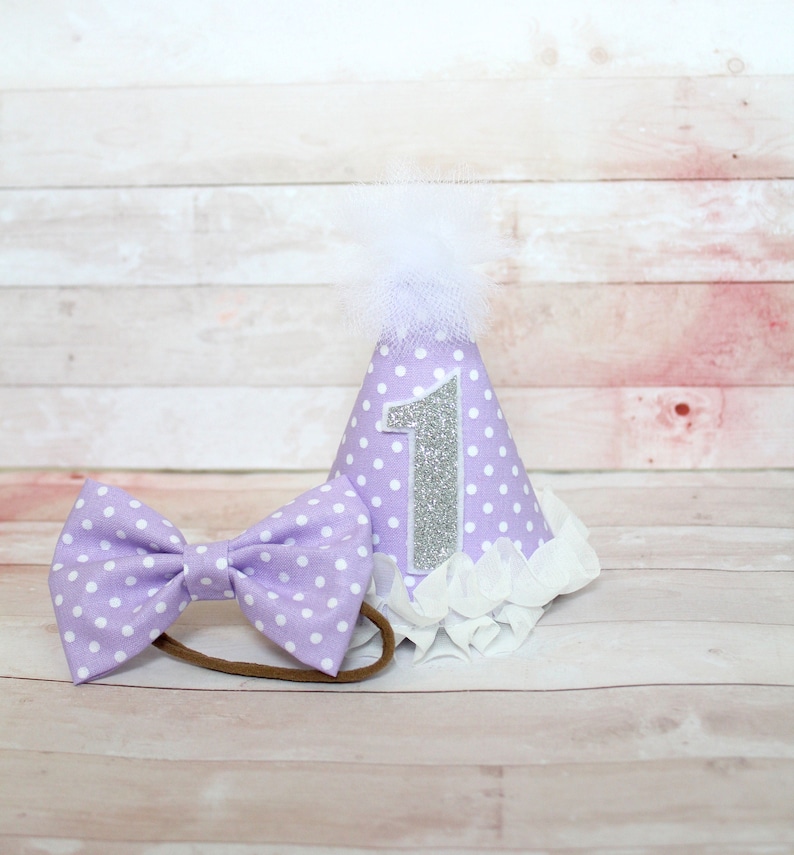 Baby Child Adult Dog Light Purple Lavender /& White Polka Dot MINI Birthday Cake Smash Party Hat w Silver or Gold Glitter # OR Hair Bow