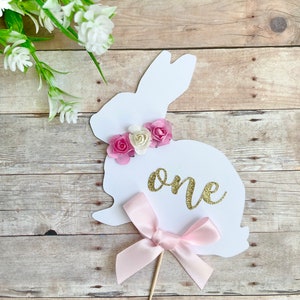 Personalized Custom White Some Bunny Rabbit Cake Topper with Gold Glitter Lettering and Floral Accents - Add a name or age