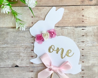 Personalized Custom White Some Bunny Rabbit Cake Topper with Gold Glitter Lettering and Floral Accents - Add a name or age