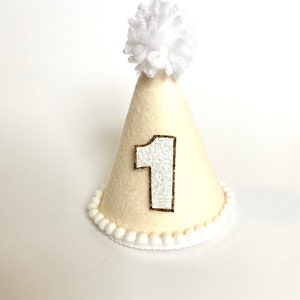 Customizable Linen Mini Birthday Party Hat: White Number, Pom Pom