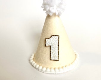 CUSTOMIZABLE Boho Twin Boy / Girl Ivory Linen MINI Birthday Cake Smash Party Hat Headband w/ White Number & Pom Pom Child Dog Cat Pet