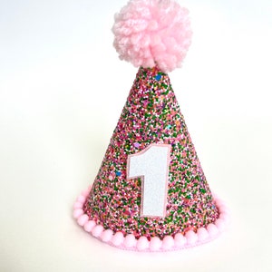 CUSTOMIZABLE Multicolor Confetti Sprinkle Glitter Mini Birthday Cake Smash Party Hat / Headband w/ Pink Trim & White Number Dog Cat Pet Hat