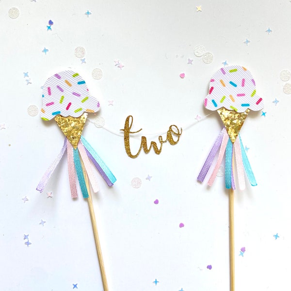 Banderines para decoración de tarta de fiesta de cumpleaños con chispas de helado, banderines con purpurina dorada, accesorios personalizados para fotografía de primer cumpleaños