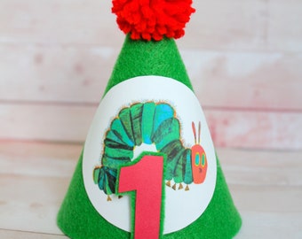 Very Hungry Caterpillar MINI Birthday Party Hat in Green with Red Number and Pom - First Birthday - Cake Smash - Reading - Bugs