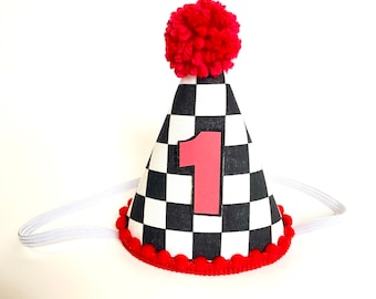 Black White Red Checker Checkerboard 70s 80s Retro Racing MINI Birthday Party Hat Headband Cake Smash First Birthday Dog Cat Pet Child