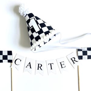 Black White Checker Checkerboard 70s 80s Retro Racing MINI Birthday Party Hat Headband Cake Topper Smash First Birthday Dog Cat Pet Child