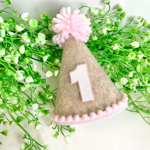 Mini sombrero de fiesta de cumpleaños bohemio: fieltro tostado, pompón rosa
