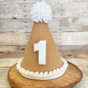 Tan / Beige Felt Mini Party Hat with Gold Number - Cake Smash Prop