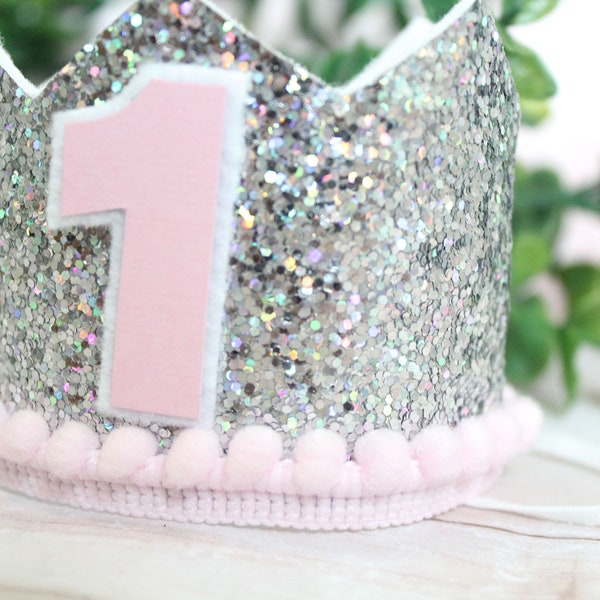 Iridescent Rainbow Silver Glitter MINI Birthday Party Crown Pink - Disco Queen Retro Princess 60’s 70’s Winter Onederland Snowflake