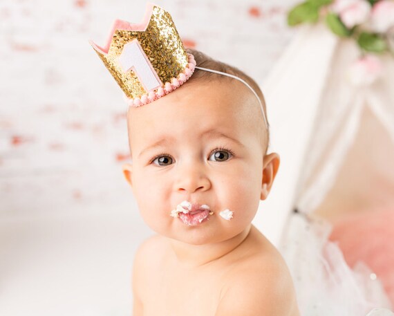 Gold Glitter MINI Birthday Party Crown W Pink Liner and White