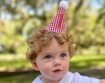 Navy Blue OR Red Gingham Plaid MINI Birthday Party Hat Bowtie Hair Bow Clip OR Headband First Birthday Cake Smash Dog Cat