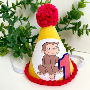 Curious George Monkey Yellow MINI Birthday Cake Smash MINI Party Hat w/ Red pom pom and number