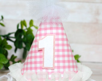 Light Pink and White Gingham MINI Birthday Cake Smash Party Hat Headband w/  Number - Baby Child Dog Cat Pet