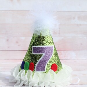 Green Glitter Light Year Toy Birthday Party Hat: Purple Number, Ruffle Trim