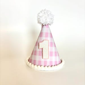 Gingham Birthday Cake Smash Party Hat: Pink, Weiß, und Glitzer-Zahl
