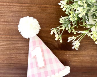 Gingham Mini Birthday Cake Smash Party Hat: Pink, White, and Glitter Number