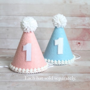 CUSTOMIZABLE Junge / Mädchen Pink oder Blau MINI Geburtstagstorte Smash Party Hut Stirnband w / Weiße Zahl & Pom Pom Zwillinge Kind Hund Katze Haustier