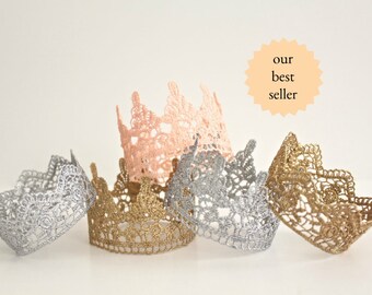 Gold Silver Pink or White MINI Lace Crown Headband Bride Bachelorette Newborn Dog Cat Photo Prop Birthday Crown Princess Party Cake Topper