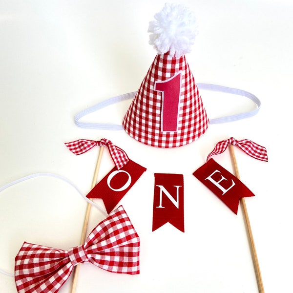 Red Gingham Plaid MINI Birthday Party Hat Bowtie Hair Bow Clip Headband Cake Topper Banner Set First Birthday Cake Smash Dog Cat