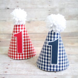 Marineblau ODER roter Gingham karierter MINI Geburtstagspartyhut Fliege Haarschleifenclip ODER Stirnband Erster Geburtstagskuchen Smash Hund Katze