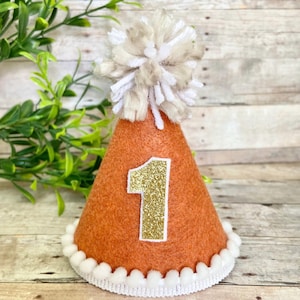 Burnt Orange Mini Birthday Party Hat: Gold Glitter Number, Pom Pom